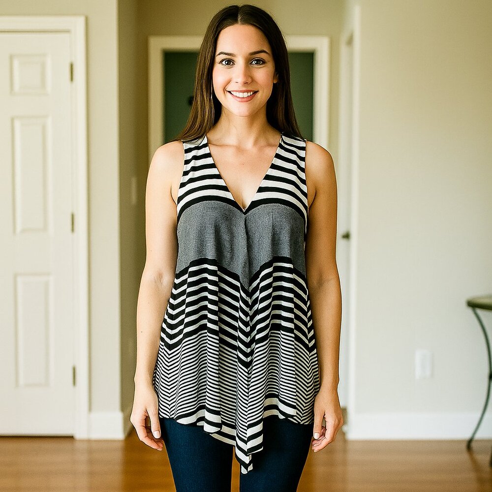 ADiva Sheer Sleeveless Black & White Stripe M Center Ruffle‎ Pop Over Flare Top